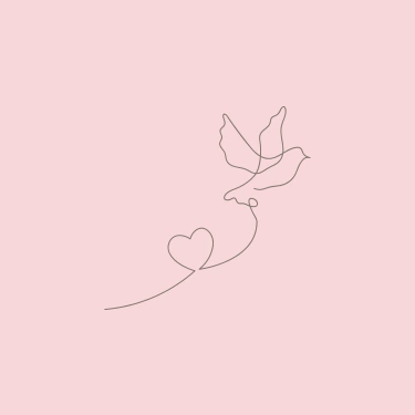 Illustration minimaliste d’une colombe reliée à un cœur, symbole du deuil périnatal et de l’accompagnement sensible proposé par la doula r'Eve