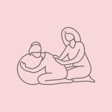 Illustration minimaliste de la doula r'Eve soutenant une femme enceinte pendant la naissance, symbole de présence et d’accompagnement bienveillant
