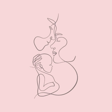 Illustration minimaliste d'un couple plein d'amour tenant un bébé dans leurs bras, symbole de l’accompagnement postnatal par la doula r'Eve