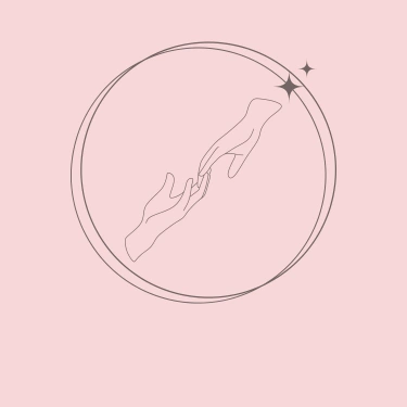 Illustration minimaliste de deux mains qui se touchent du bout des doigts entourées d'un cercle représentant la connexion entre les femmes participant à un cercle organisé par la doula r'Eve