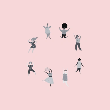 Illustration minimaliste de femmes en cercle participant à un cercle de femme organisé par la doula r'Eve