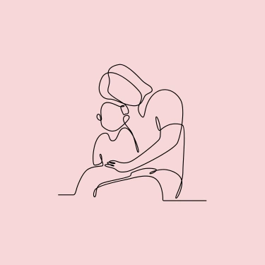 Illustration minimaliste d'un parent prenant son enfant dans ses bras participant à un cercle parent/enfant organisé par la doula r'Eve