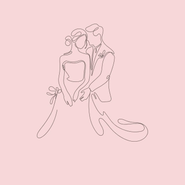 Illustration minimaliste représentant un couple de mariés lors d'une cérémonie célébrée avec la doula r'Eve