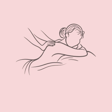 Illustration minimaliste des mains de la doula r'Eve massant les épaules d'un femme allongée sur le ventre