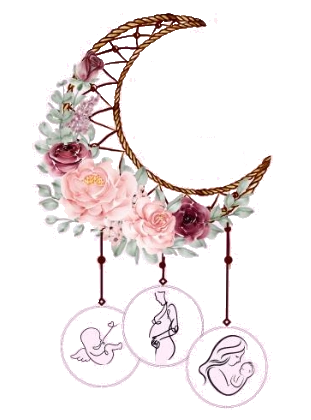 Petit logo de la Doula r'Eve représentant une lune en osier et trois cercles représentant un bébé ange, une femme enceinte et une femme portant un bébé dans les bras